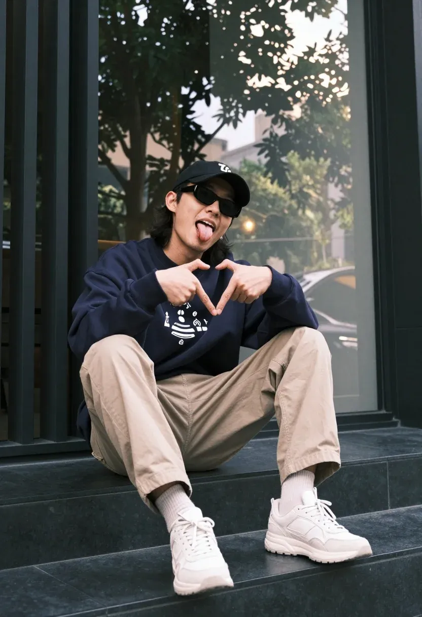 Man Sits Casually Dark Steps Outdoors Striking Playful Pose With