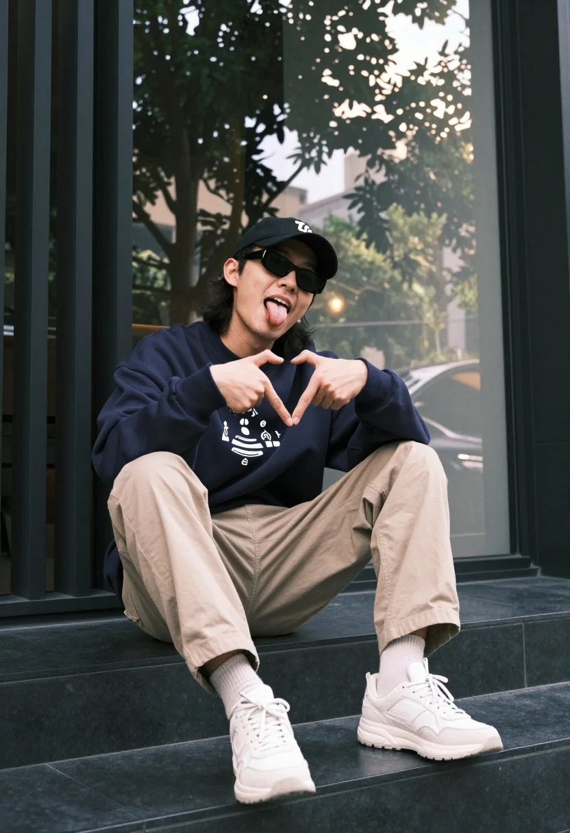 Man Sits Casually Dark Steps Outdoors Striking Playful Pose With