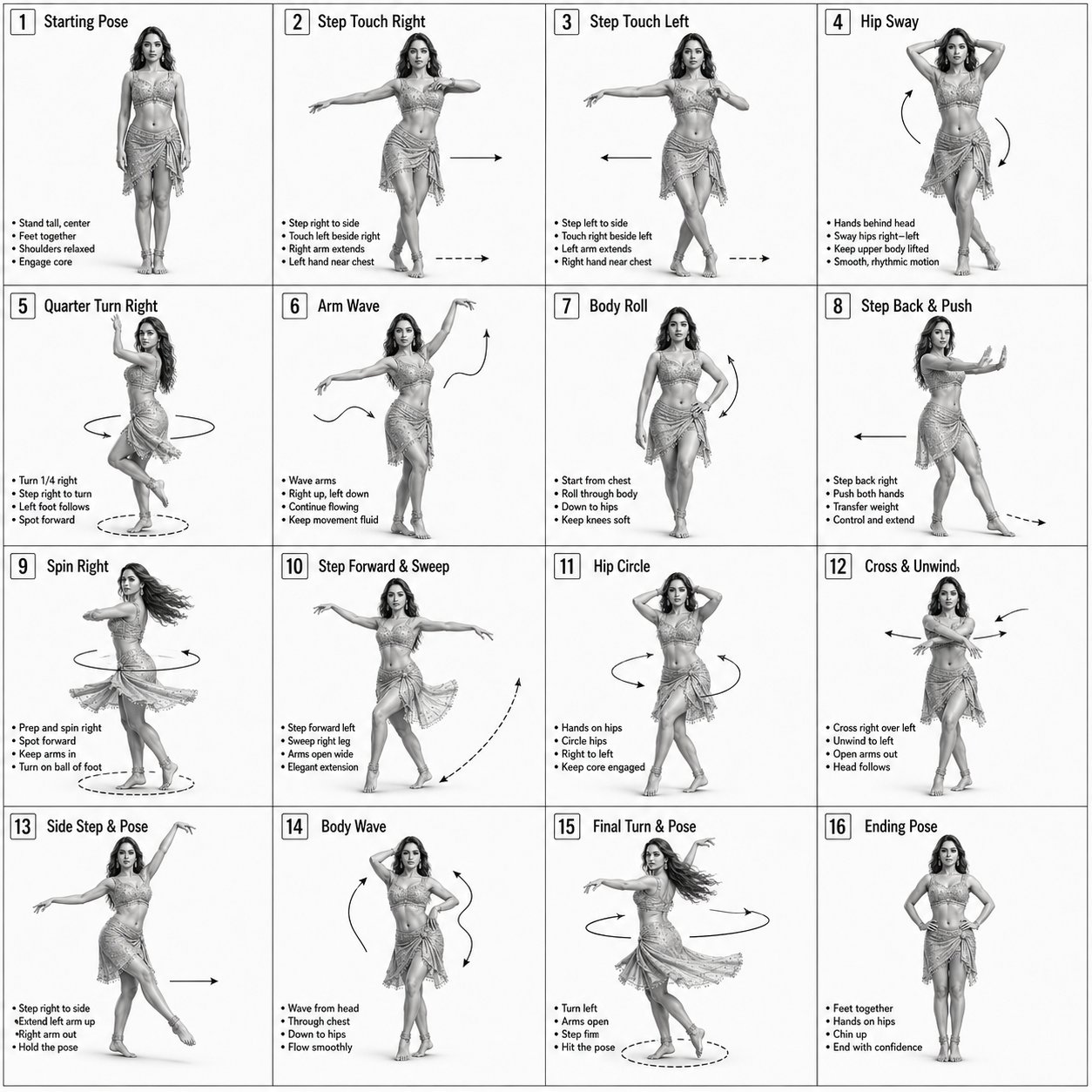 Dancer 16 Poses Grid Black White Studio