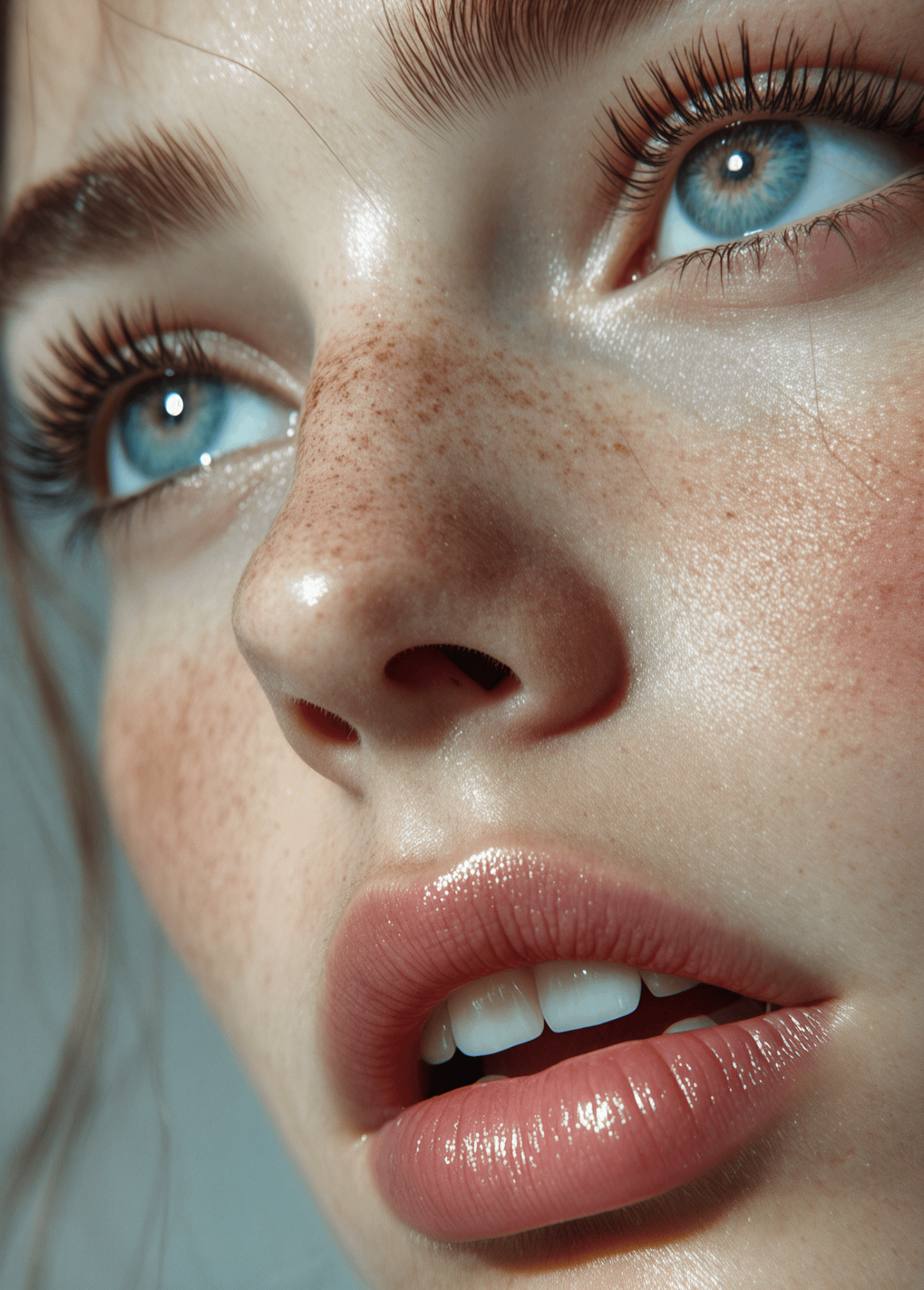 Extreme Close Up Macro Portrait Vivid Blue Eyes Glossy Lips