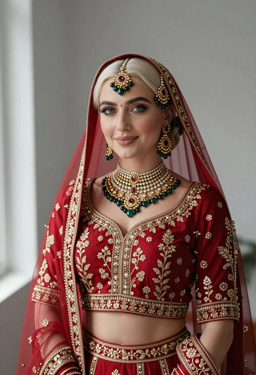 Portrait Woman With Platinum Blonde Hair Wearing Elaborate Traditional Indian