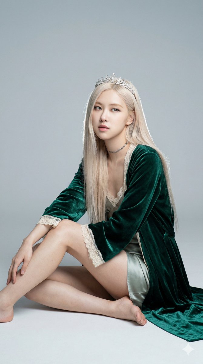 A slender woman with platinum hair in an emerald velvet robe, side-sitting in a minimalist studio with a light grey backdrop.