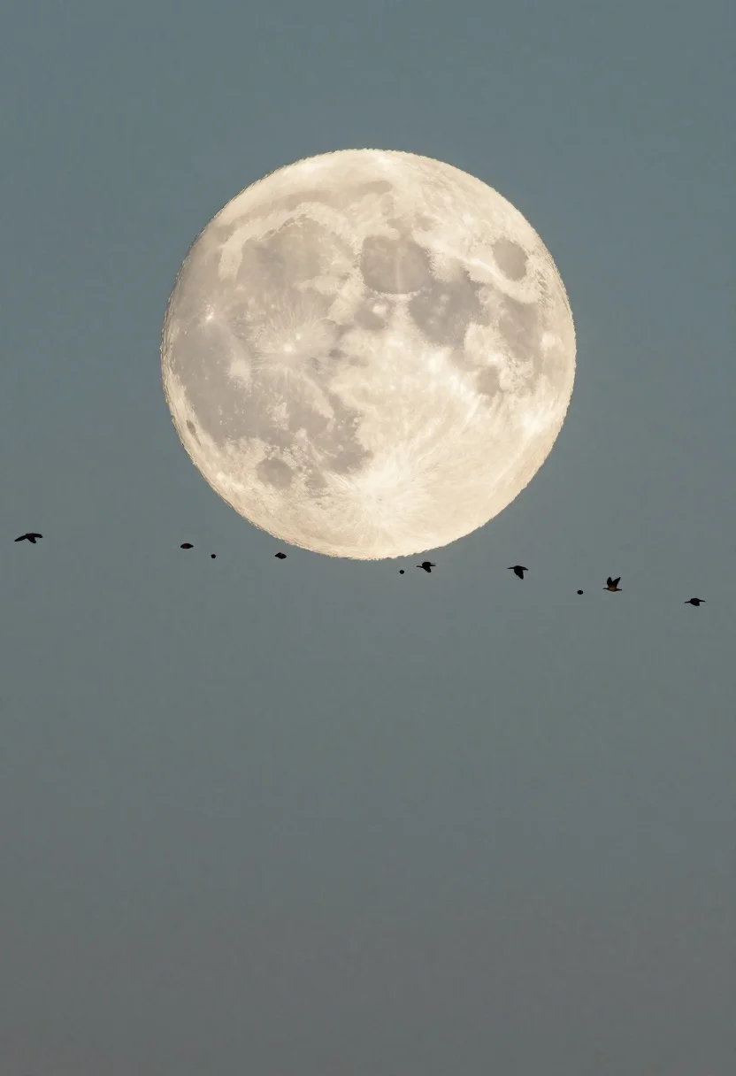 Digital Composition Featuring Large Luminous Full Moon And Flock Birds reference photo
