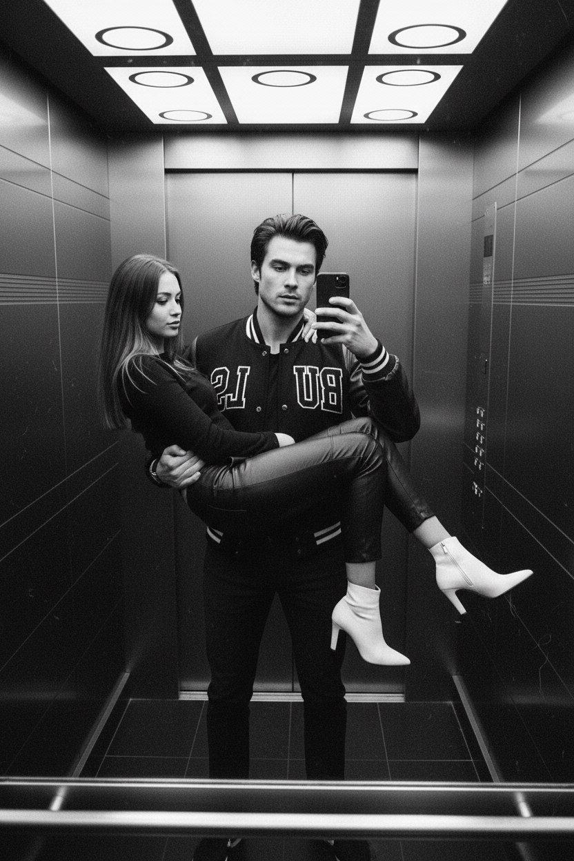 A stylish couple in a modern elevator taking a mirror selfie, showcasing a varsity bomber jacket and leather pants.