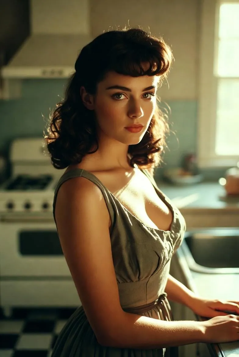 Vintage Kitchen Sunlight Olive Green Dress Pose