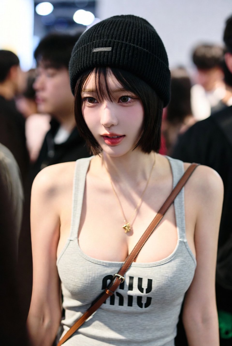 Young woman in a light grey tank top stands in a vibrant crowd, exuding a soft, candid vibe with a subtle smile.