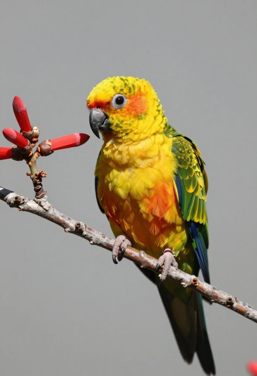 Vibrant Kea Parrot Perched Flowering Branch Against Soft Grey Background