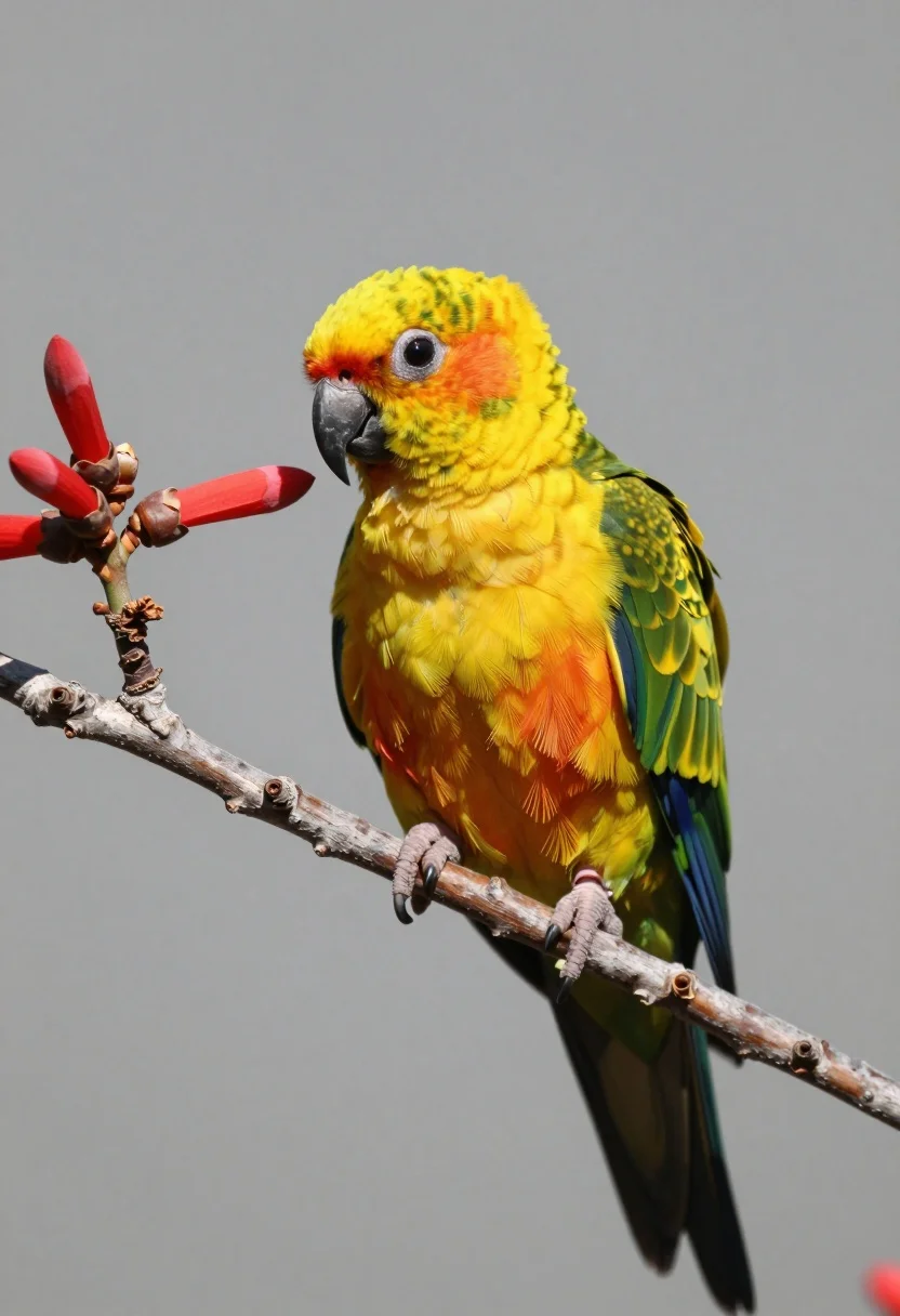 Vibrant Kea Parrot Perched Flowering Branch Against Soft Grey Background