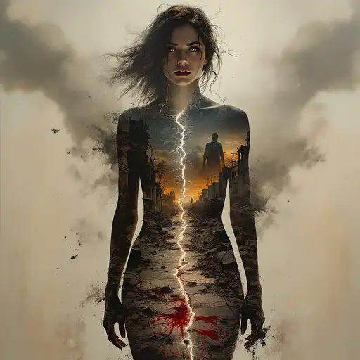 A woman silhouetted against a collapsing suburban scene, her face capturing raw emotions of fear and survival amidst chaos.