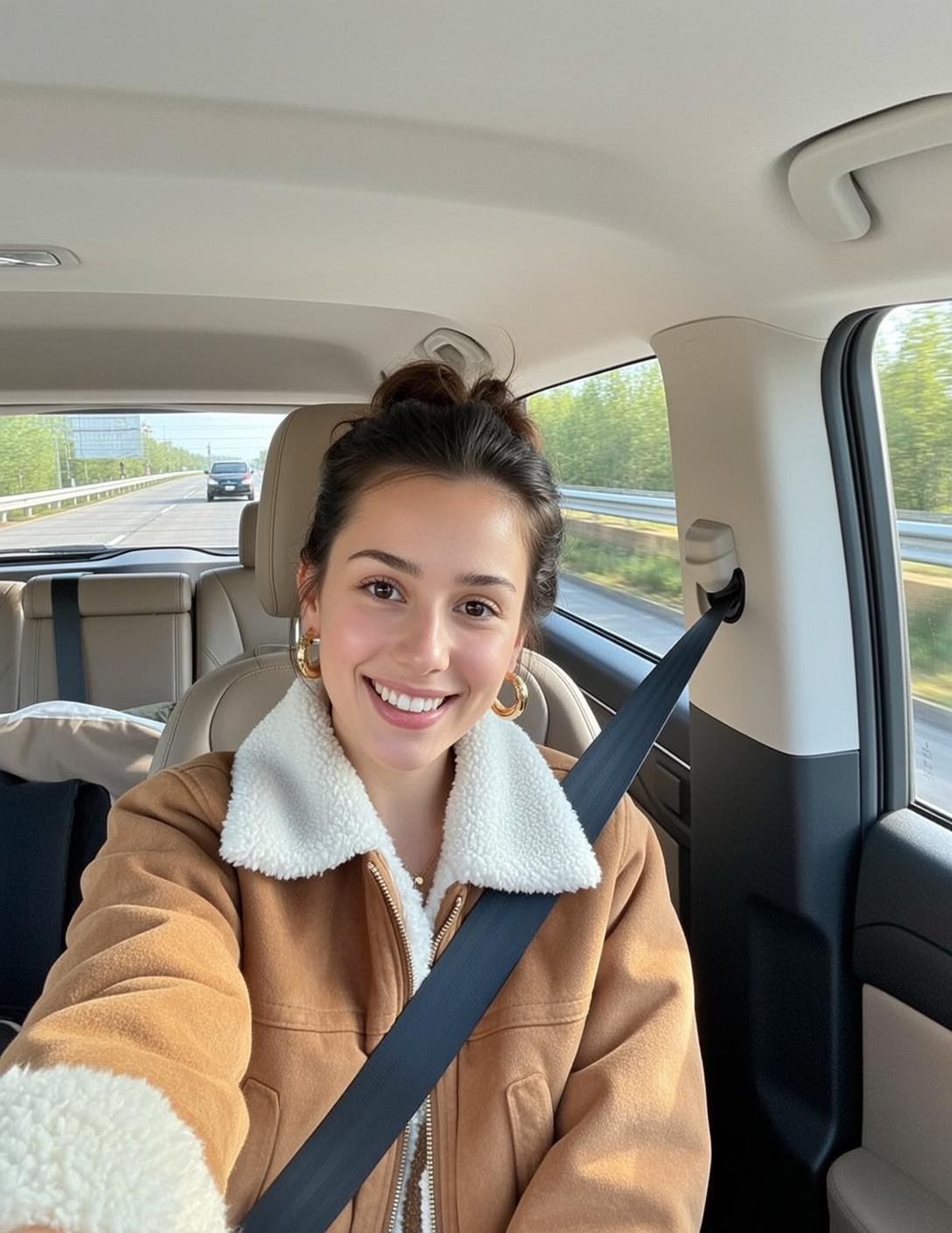 Joyful Woman Car Passenger Tan Suede Jacket