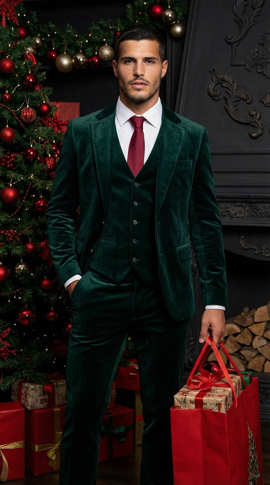 A person in a dark emerald velvet three-piece suit stands in a Christmas-decorated living room, holding a red holiday gift bag.