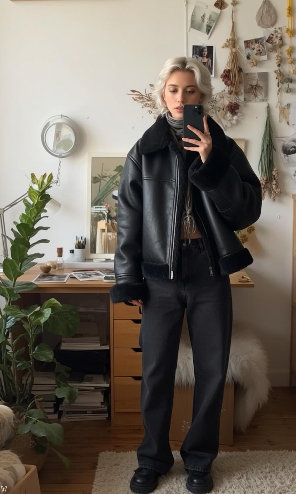 Black Aviator Jacket Turtleneck Selfie