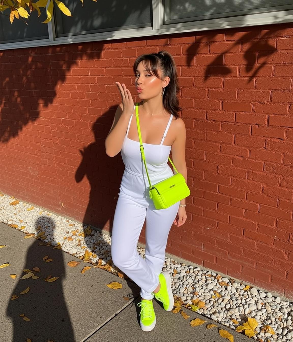 White Jumpsuit Neon Bag