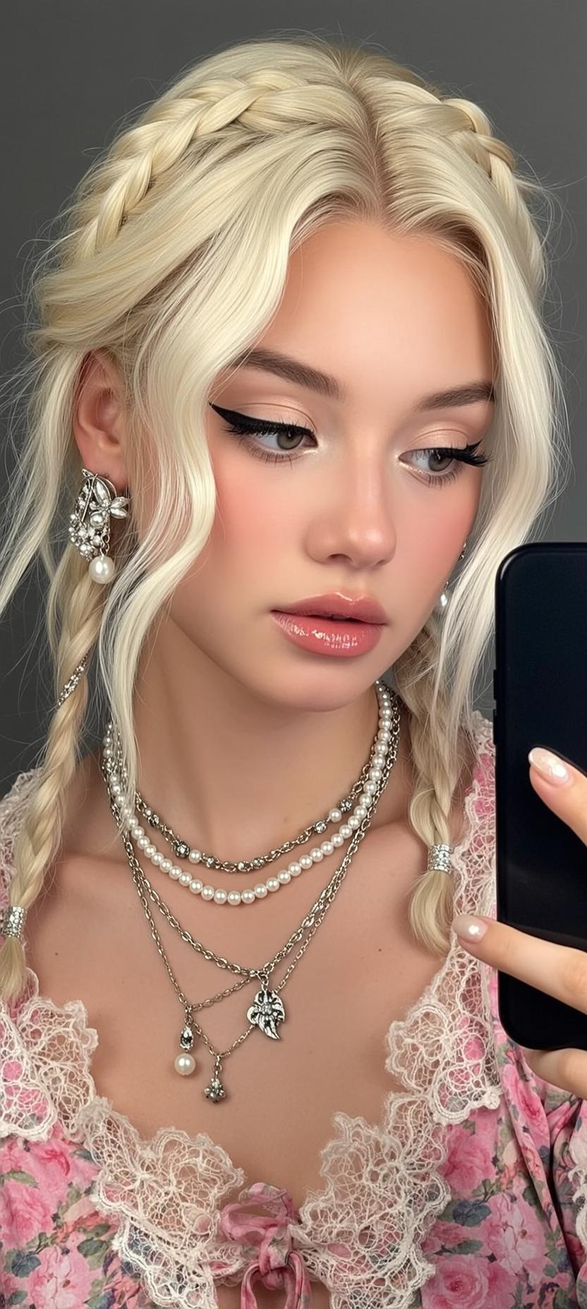 Coquettecore Captured Close-up Holding Black Smartphone Her
