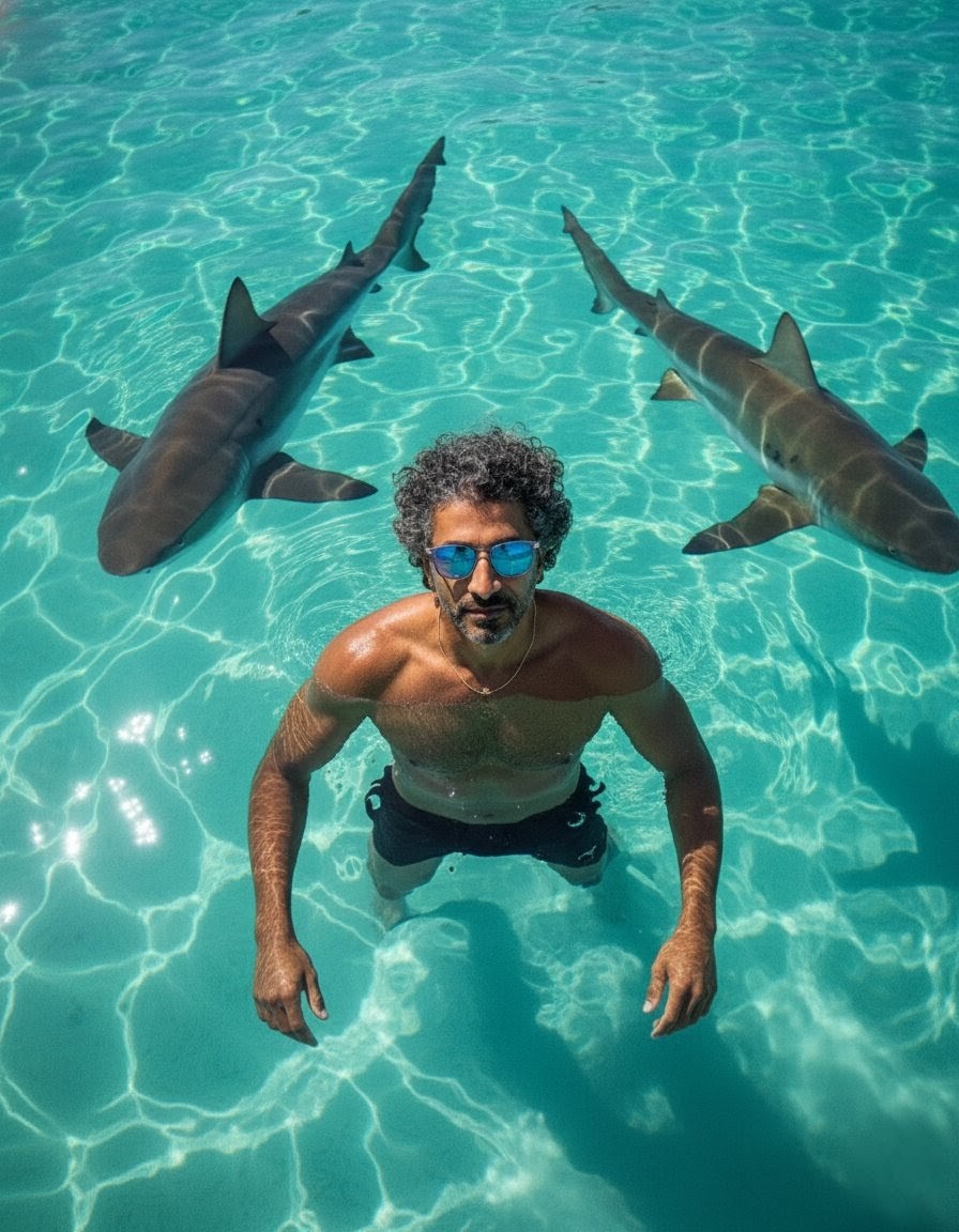 Cinematographic portrait of a man swimming in turquoise water surrounded by two sharks, evoking a sense of adventure.