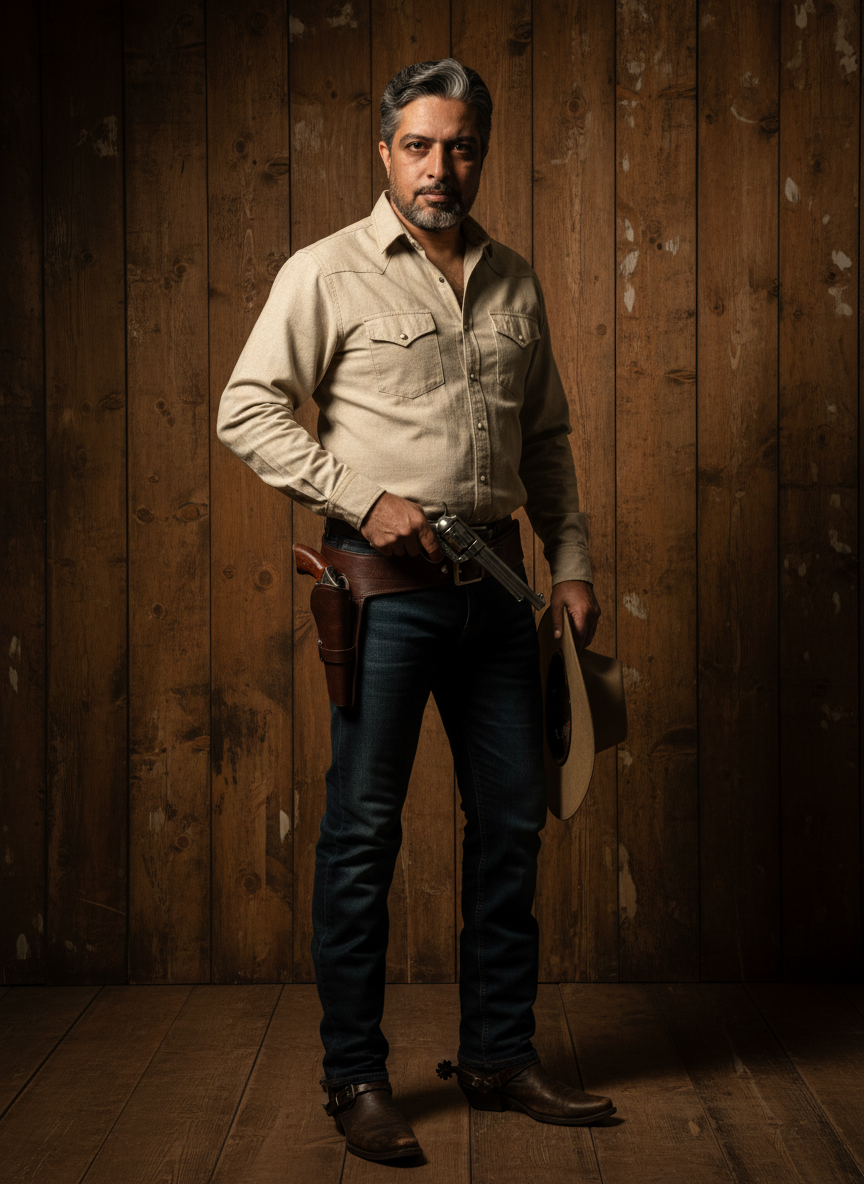 Confident cowboy in a button-down shirt and boots, poised in front of a rustic wooden backdrop, exuding a cinematic vibe.