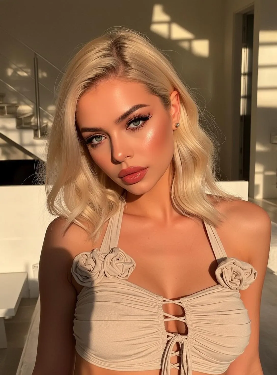 Makeup Earrings And False Lashes With Beige Ruched Halter Top