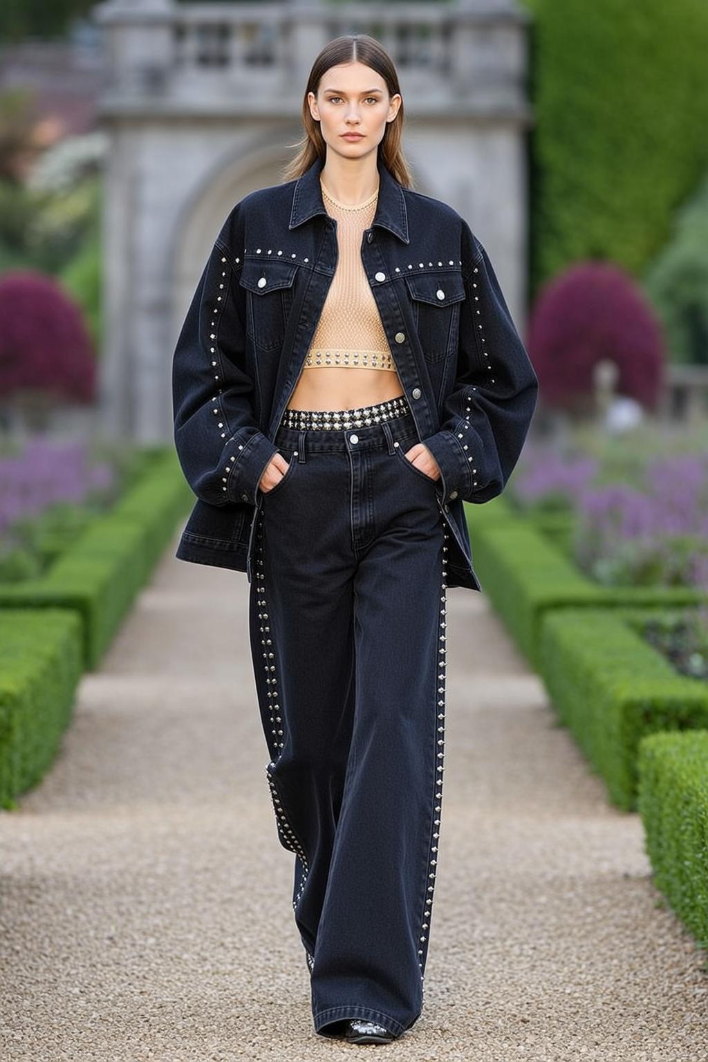 Garden Pathway Fashion Editorial Model Walking