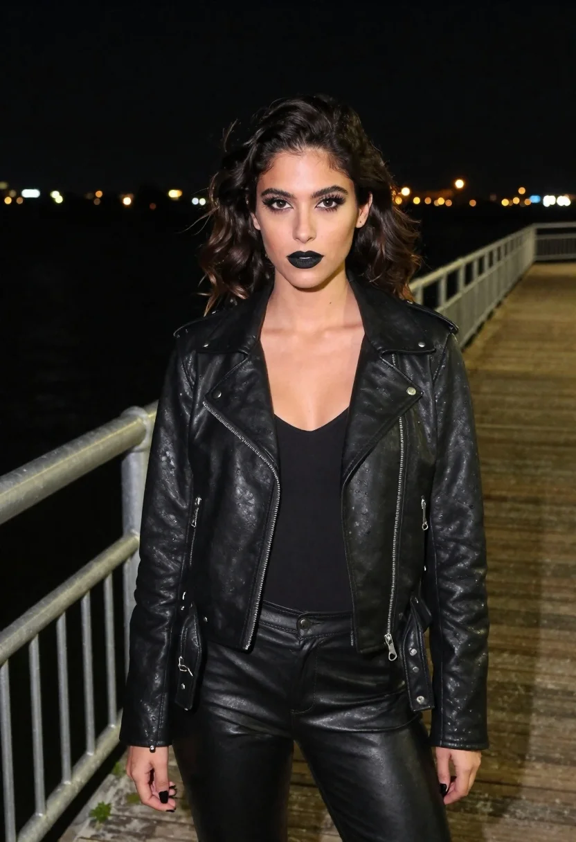 Young Woman With Dark Wavy Hair Stands Wooden Pier Night reference photo