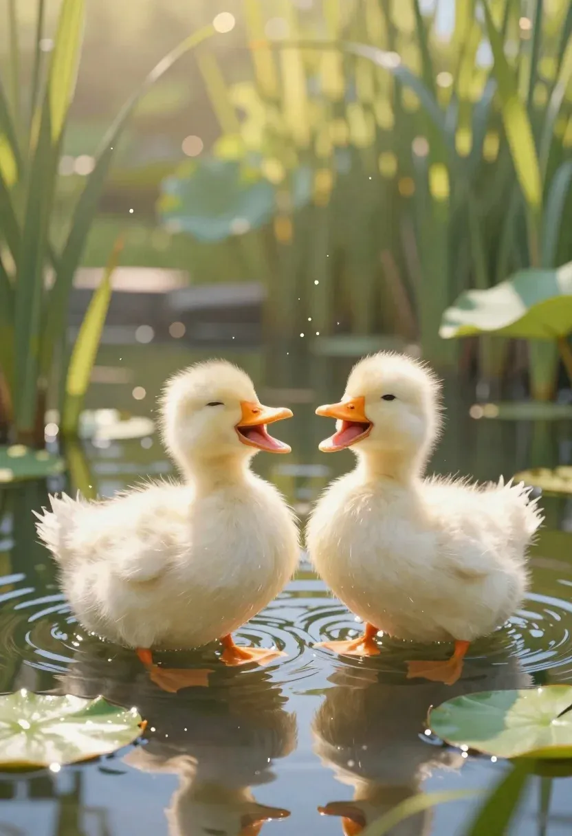 Soft Digital Painting Two Fluffy White Ducklings Swimming Sun-dappled Pond