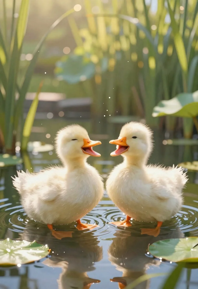 Soft Digital Painting Two Fluffy White Ducklings Swimming Sun-dappled Pond reference photo