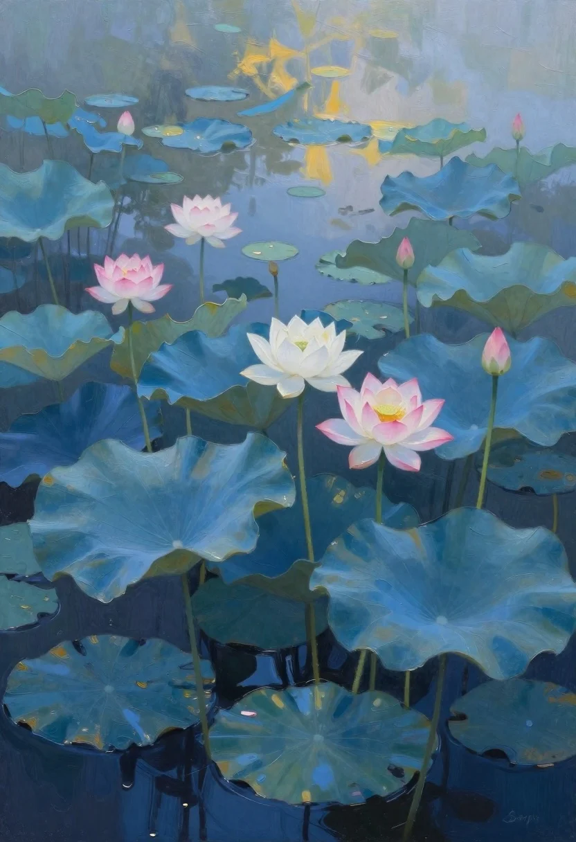 Oil Painting Serene Pond Filled With Lotus Flowers And Leaves reference photo