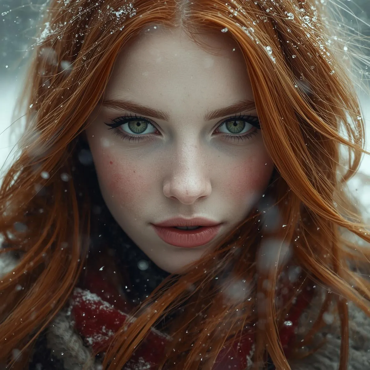Face In Snowfall With Red Grey Scarf