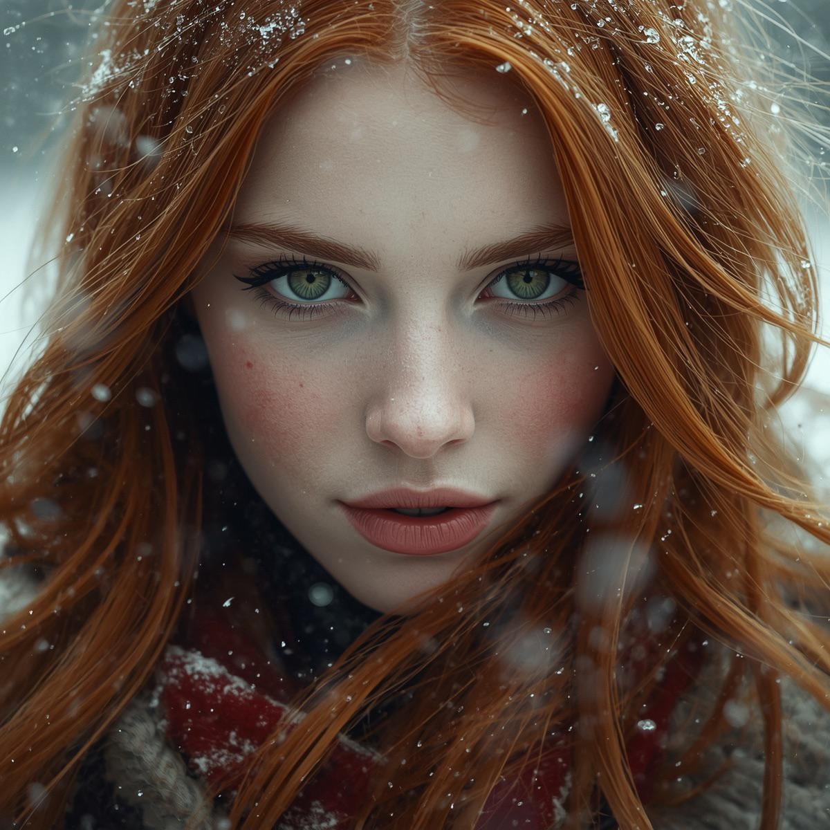Face In Snowfall With Red Grey Scarf