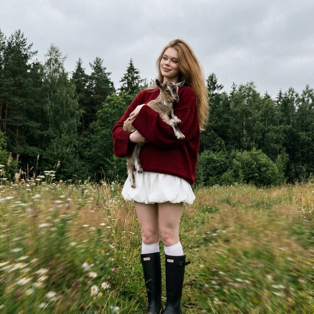 Girl Holding Goat Field Forest Cinematic Grain 9 16