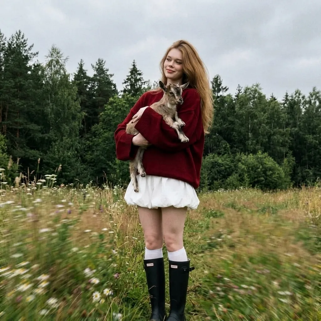 Girl Holding Goat Field Forest Cinematic Grain 9 16