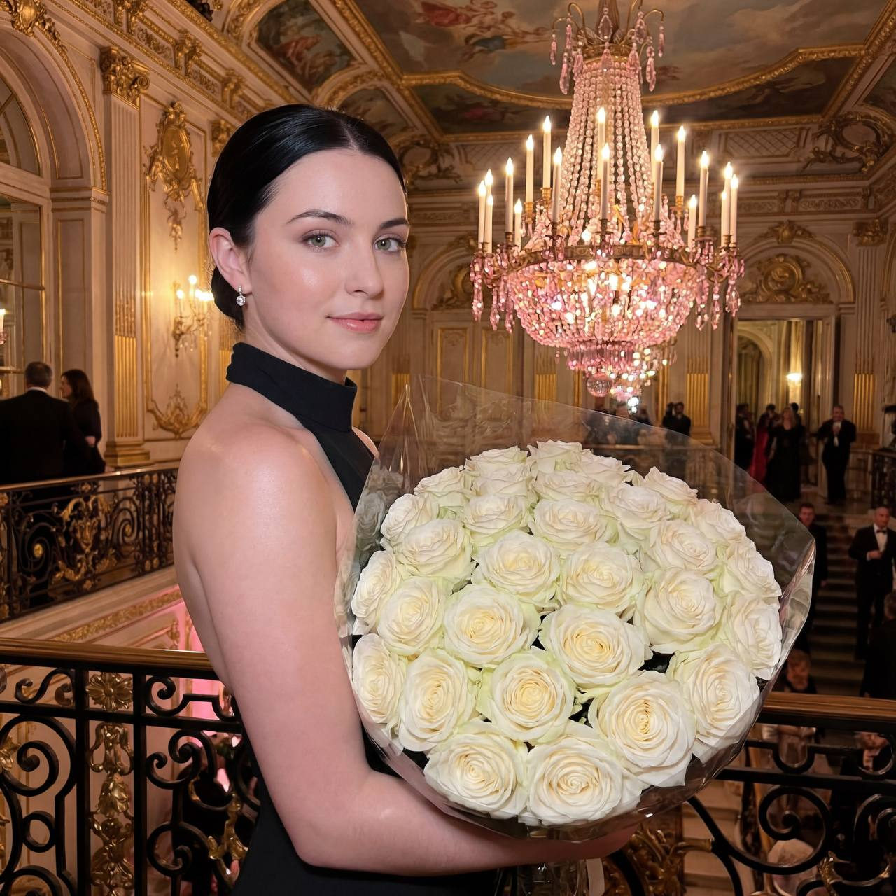 A woman in a luxurious palace interior holding a bouquet of roses, dressed in an elegant evening dress with soft lighting.