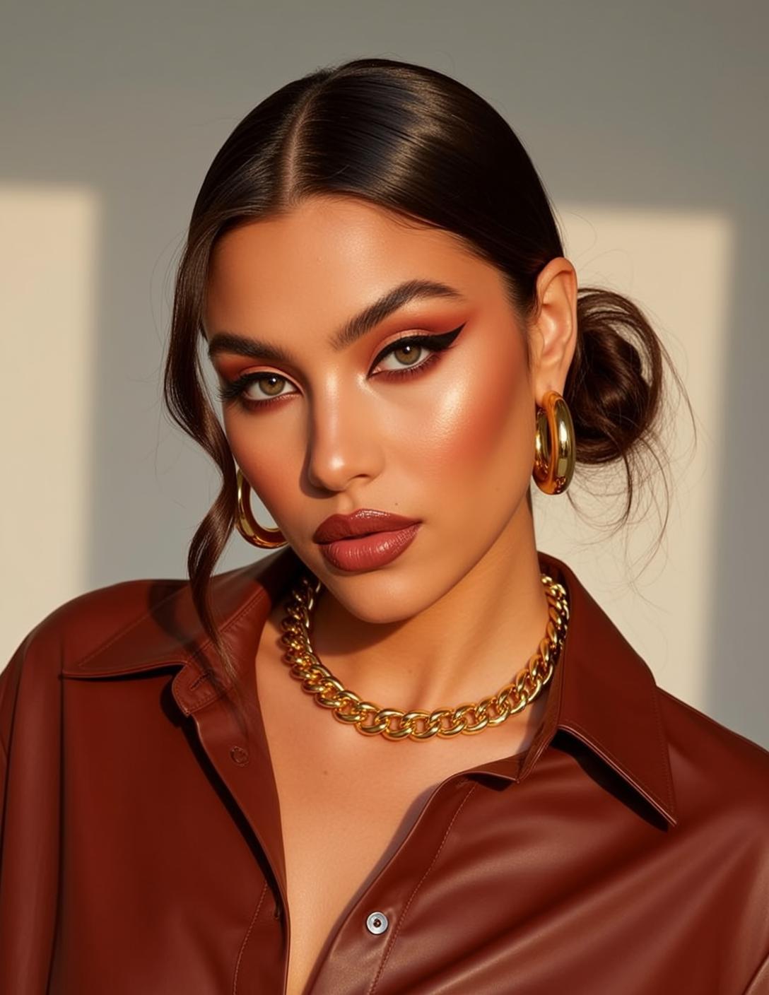 Portrait Young Woman With Dark Glossy Hair Pulled Back Into