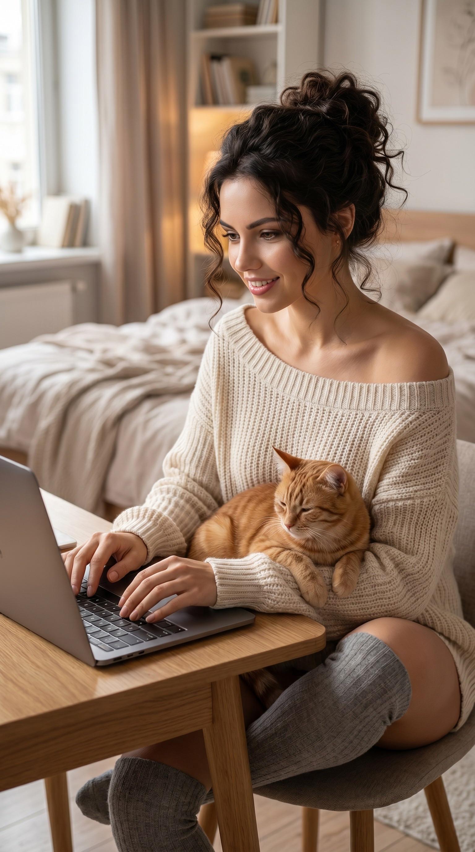 Cozy Sunlit Bedroom Desk Portrait With Cat