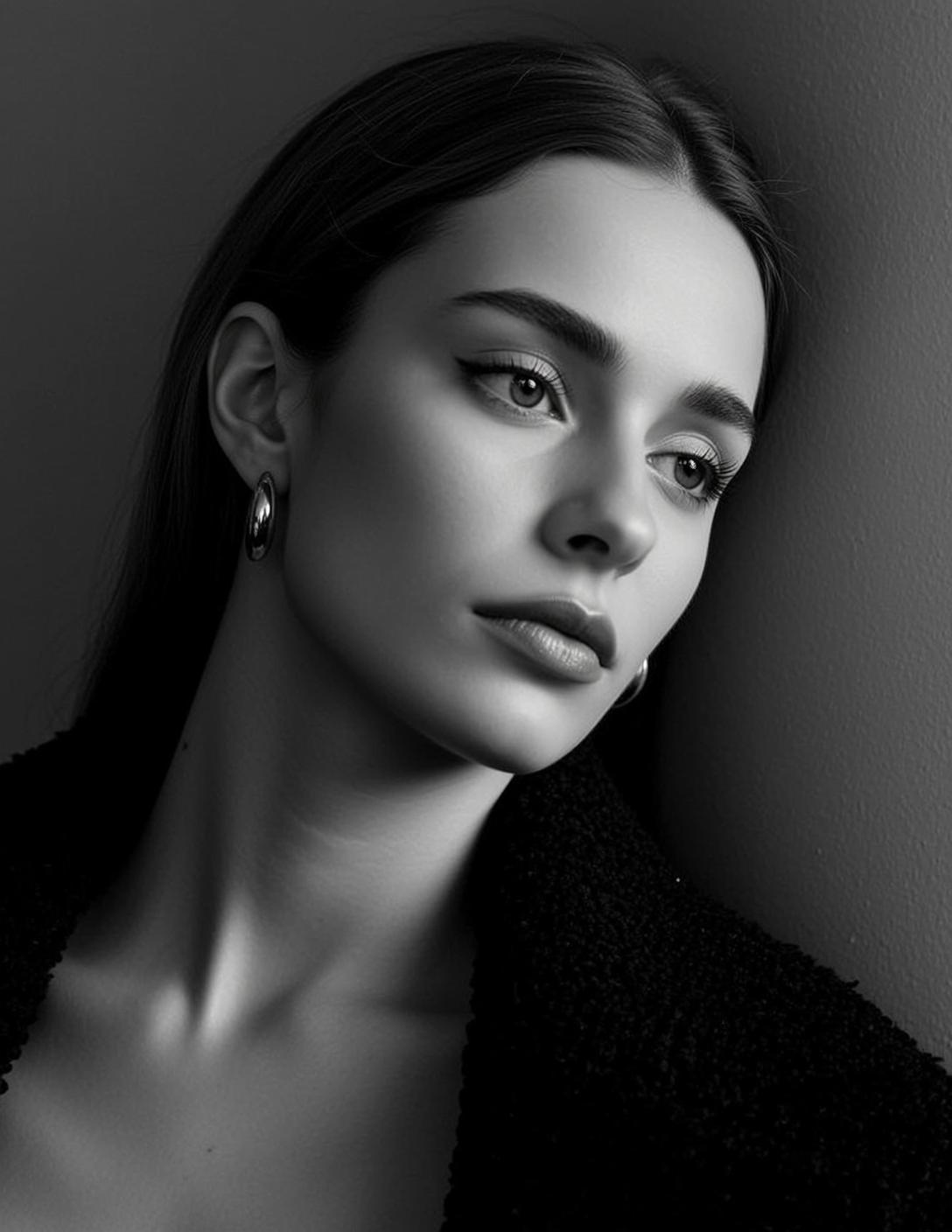 Photorealistic Black And White Medium Shot Portrait Young Woman With