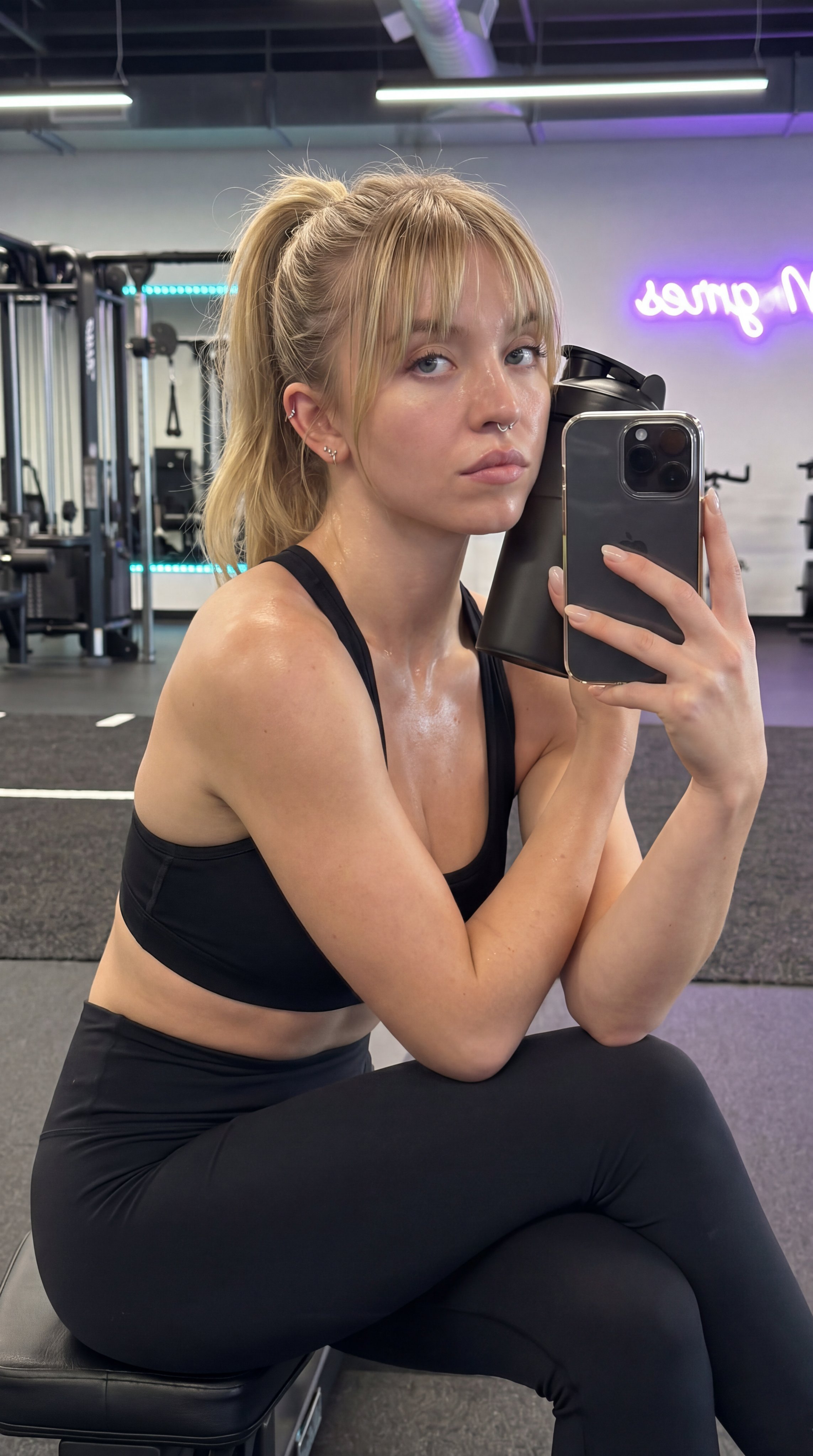 Gym Mirror Selfie Black Sports Bra Sweat