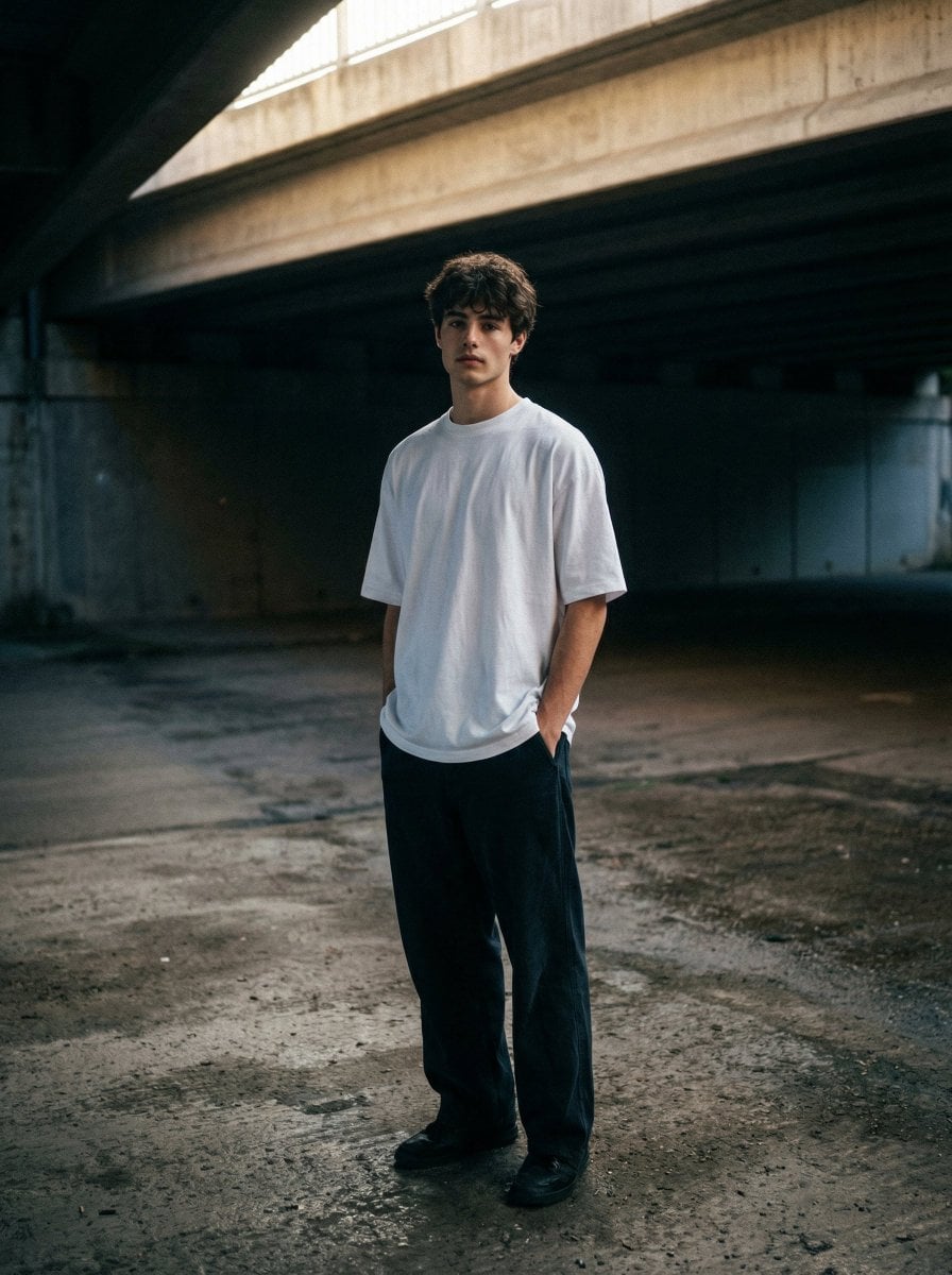 A moody urban portrait of a person under a concrete overpass, wearing an oversized white t-shirt and loose dark pants.