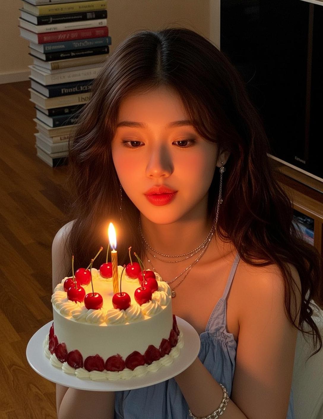 Explore Holding White Cake Single Lit Candle