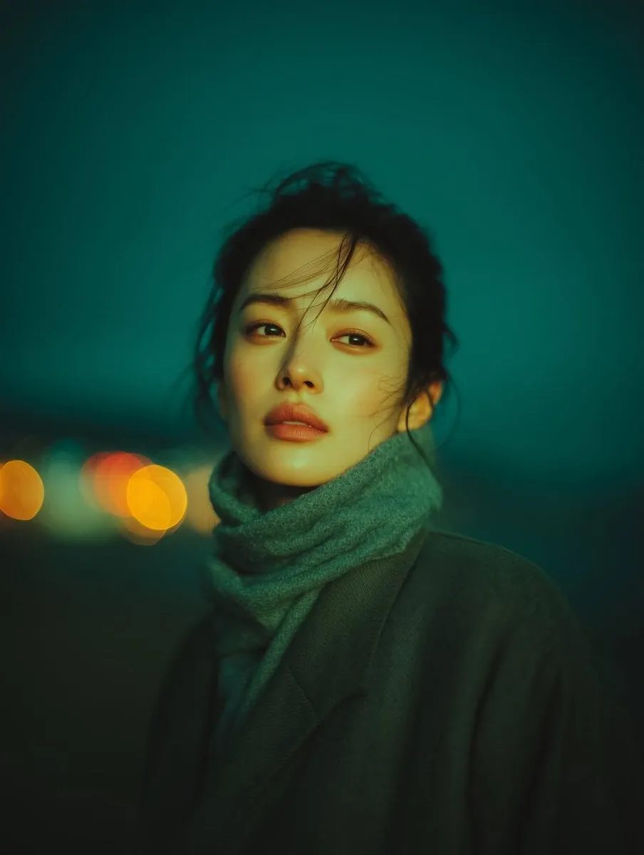 Cinematic Night Portrait Young Woman City Lights