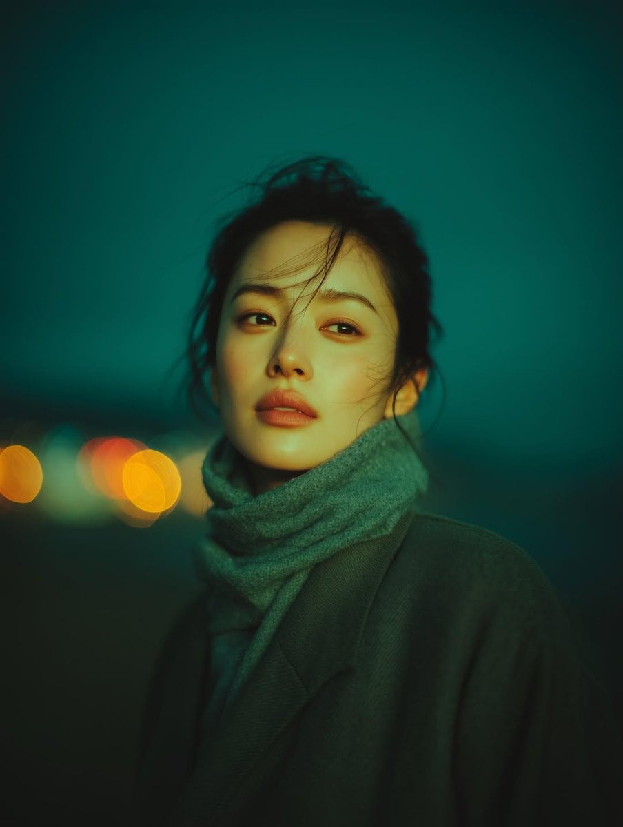 Cinematic Night Portrait Young Woman City Lights