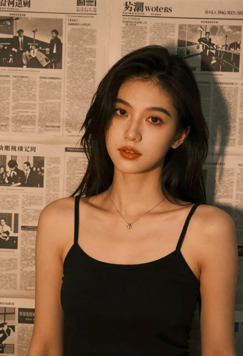 Medium And Scene Cinematic Portrait Woman Front Textured Newspaper Wall reference photo