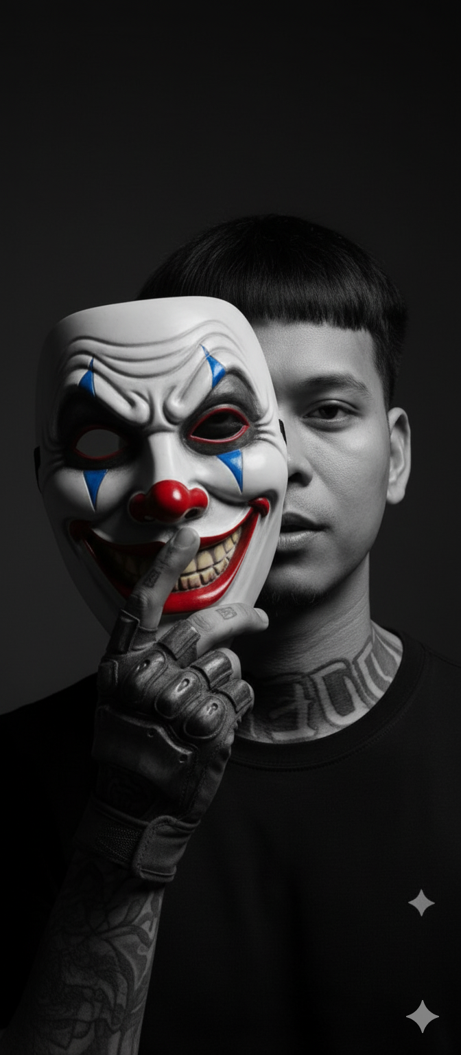 A grayscale portrait of a man holding a vivid Joker mask, expressing melancholy with a vibrant red smile and dark background.