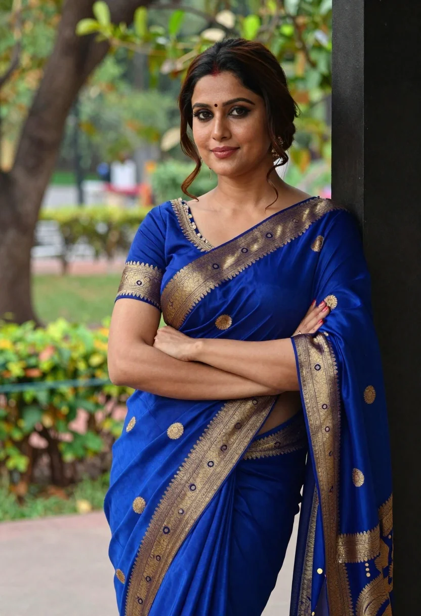 Confident Woman Wearing Royal Blue Silk Saree With Intricate Gold reference photo