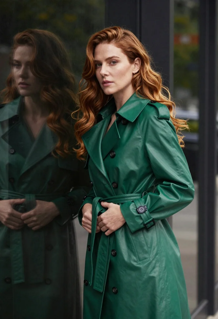 Confident Woman With Long Wavy Auburn Hair Stands Profile Against reference photo