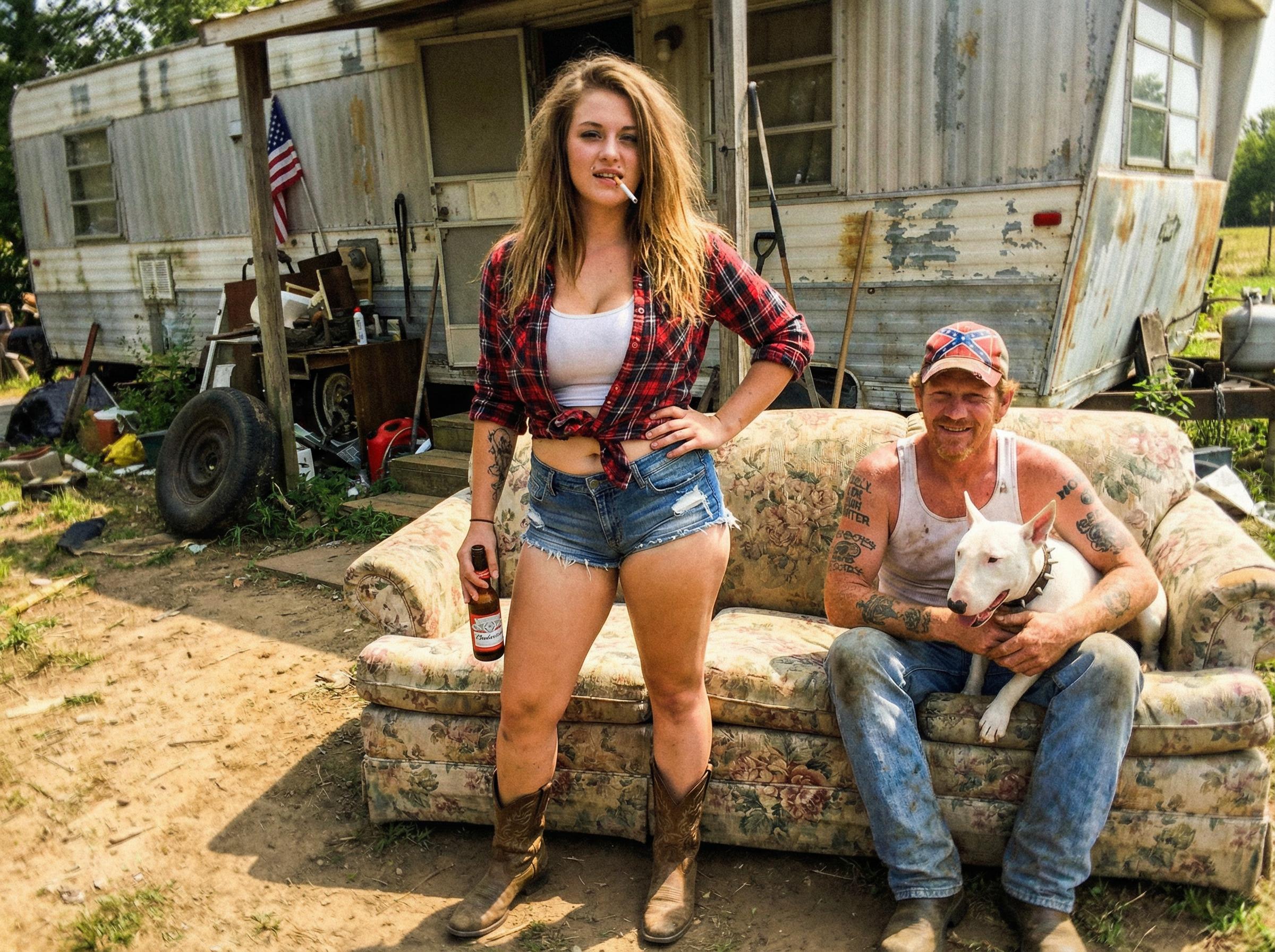 Plaid Shirt Cowboy Boots Man Dog Mobile Home