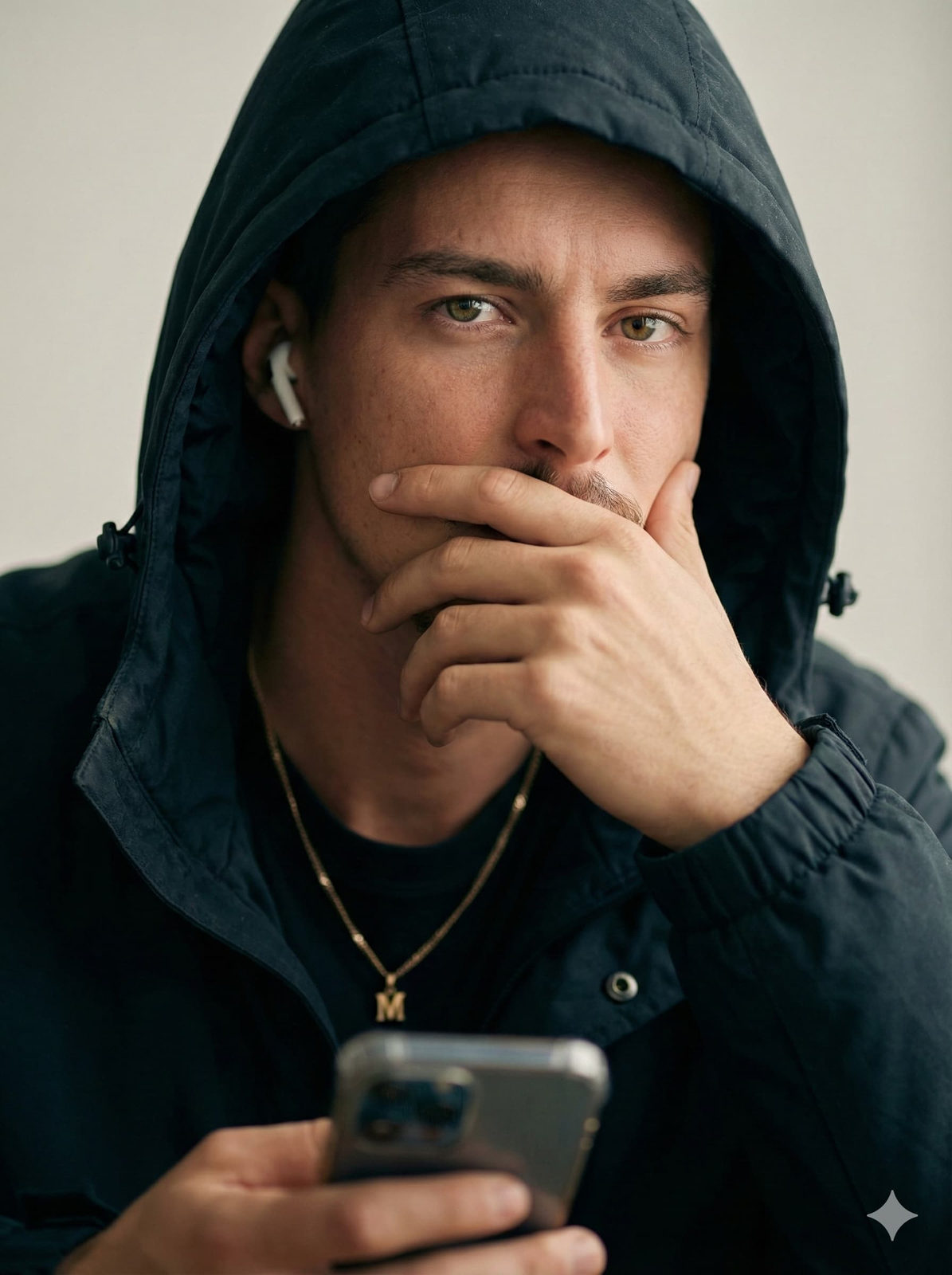 Ultra-realistic portrait of a man wearing wireless earbuds and a gold chain necklace, dressed in a dark hooded jacket.
