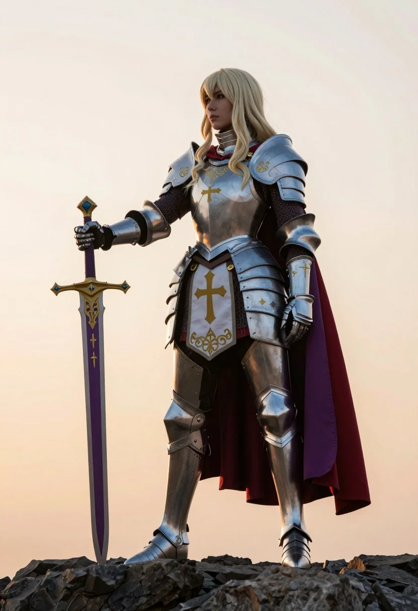 Full-body Shot Female Knight Standing Heroically Dark Rocks Against Warm