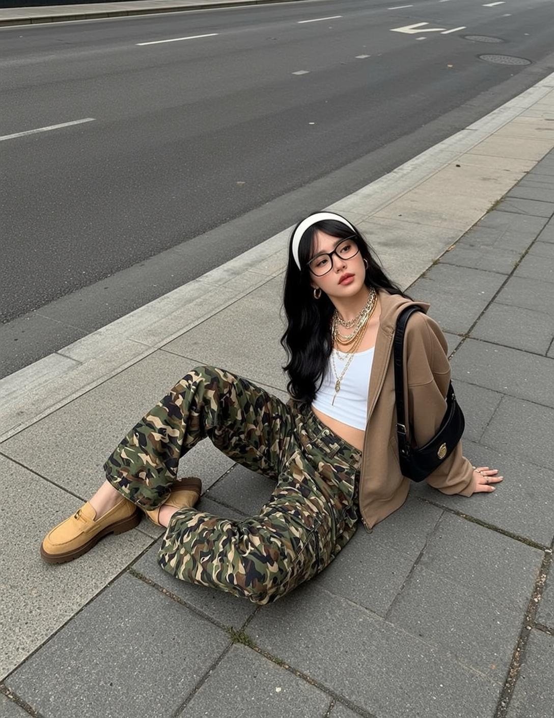 White Crop Top and Camo Cargo Pants