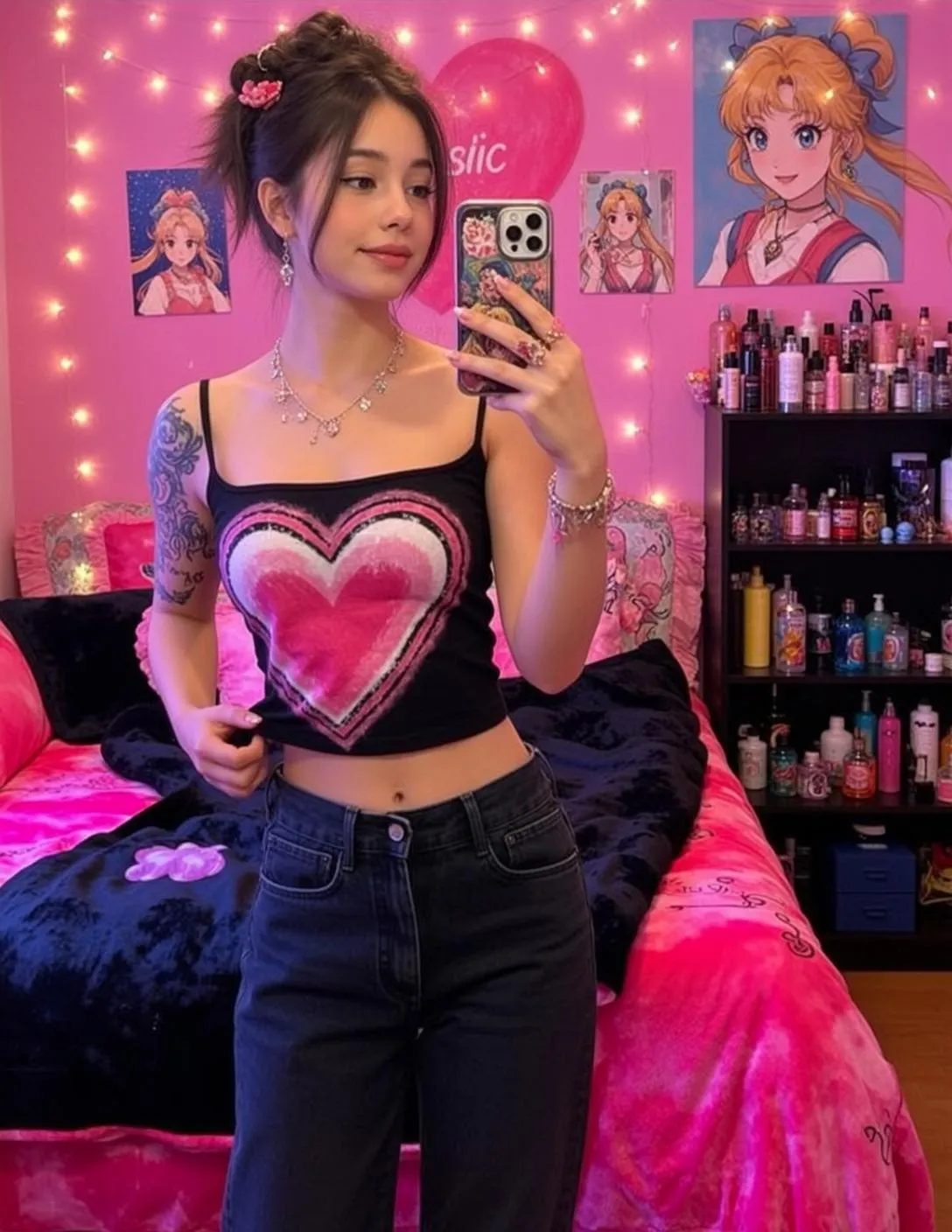 Tattoos Piercings Earrings Necklace Bracelets And Rings In Bedroom Portrait