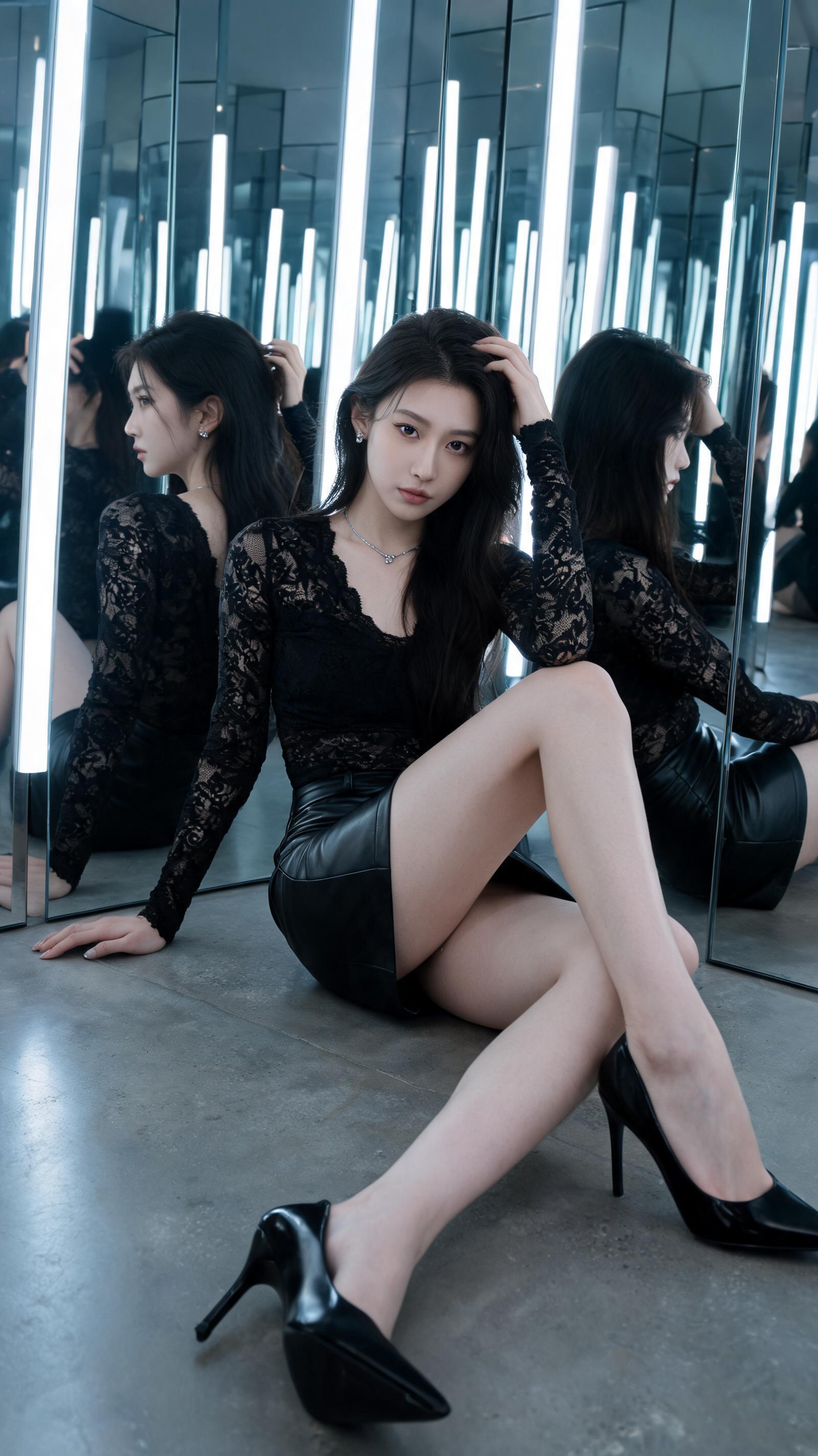 A stylish woman seated in a mirrored installation with LED lights, showcasing natural reflections and confident poise.