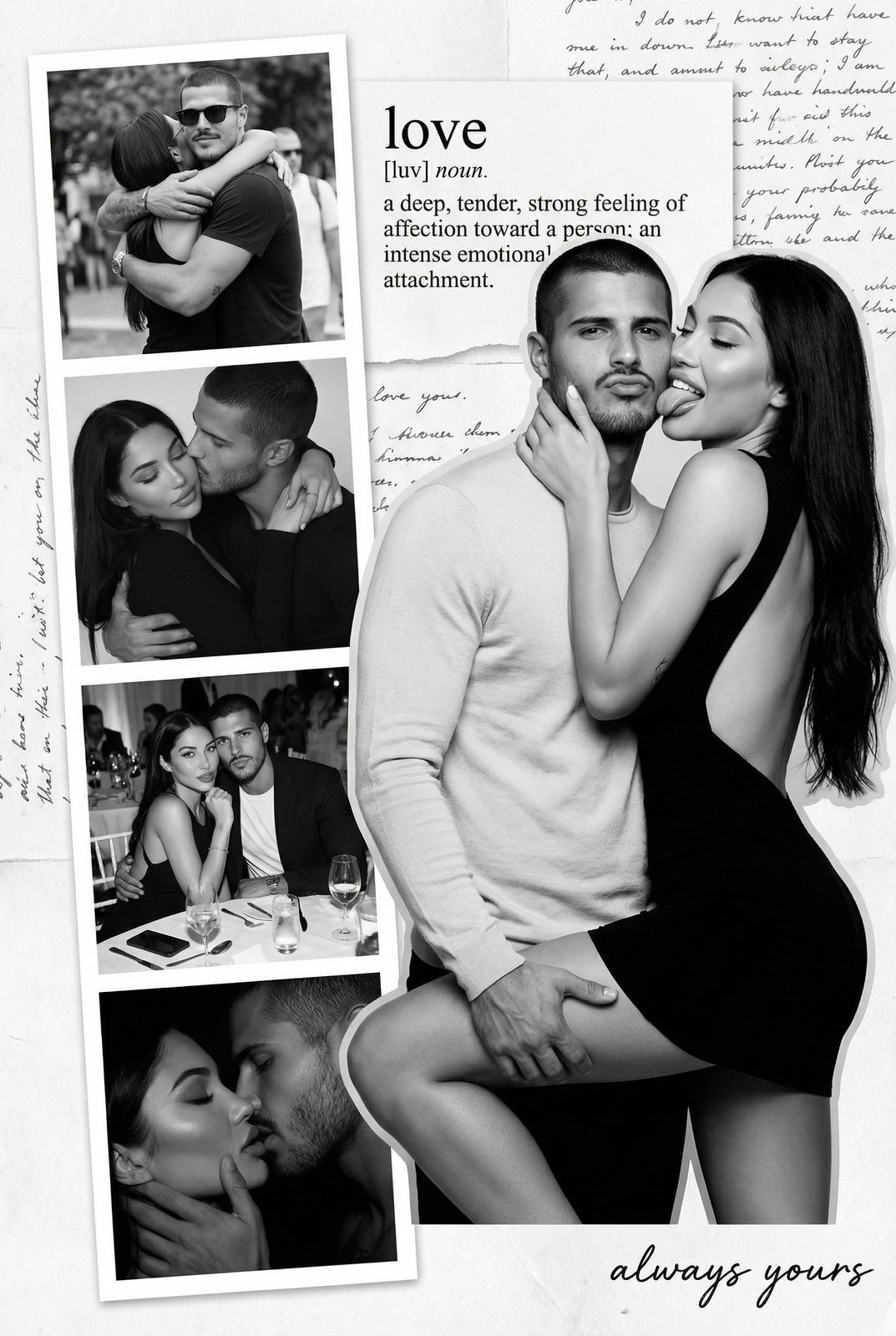 A young couple in a black dress and light top, playfully posing together in a soft-lit fashion editorial collage.